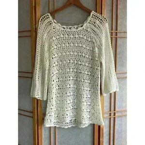 Women’s Ivory L/S Crochet Top Scalloped Edge Beachwear, Boho, Blouse Dress